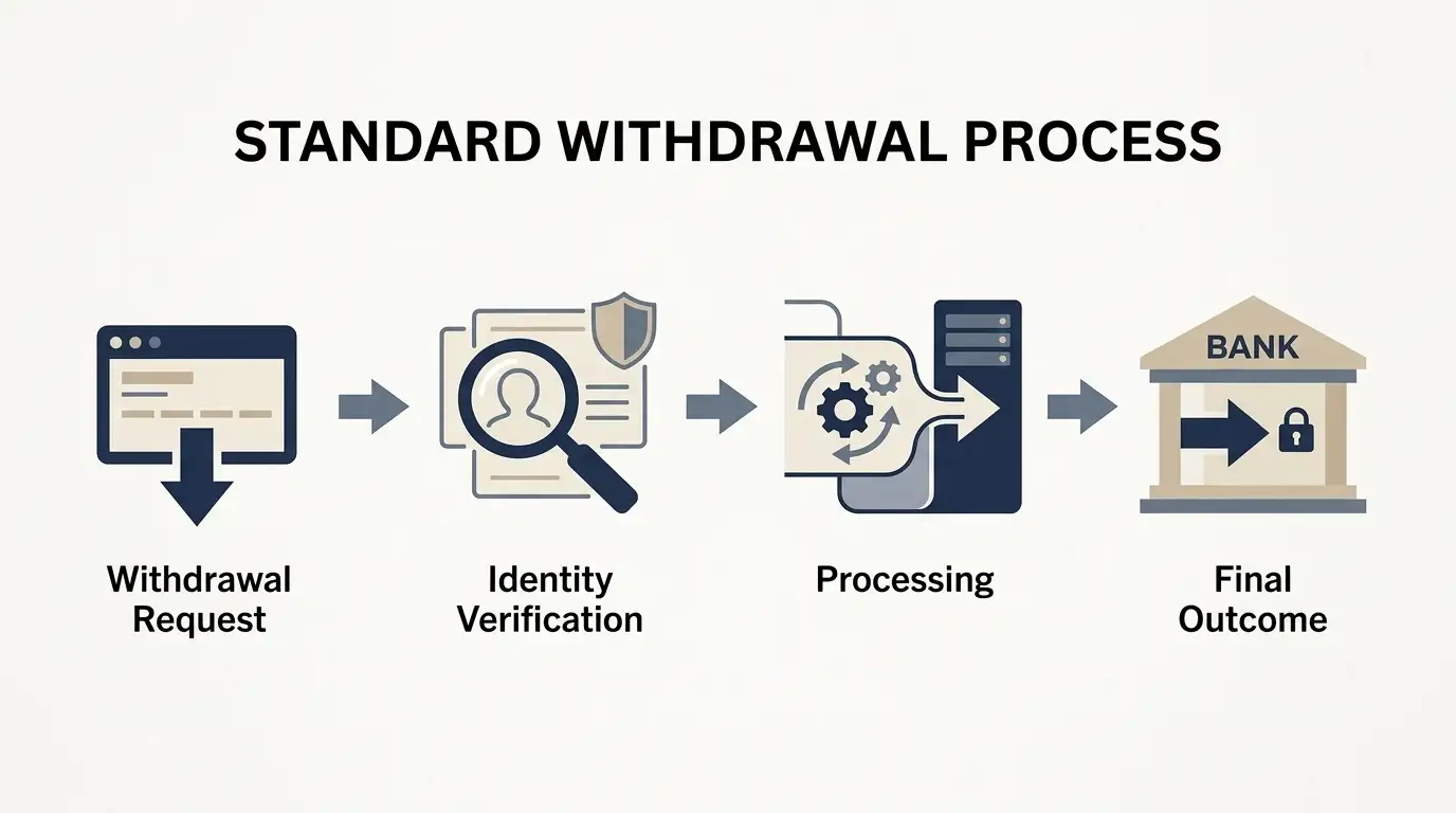 Neutral four-stage withdrawal flow from request through verification and processing to outcome