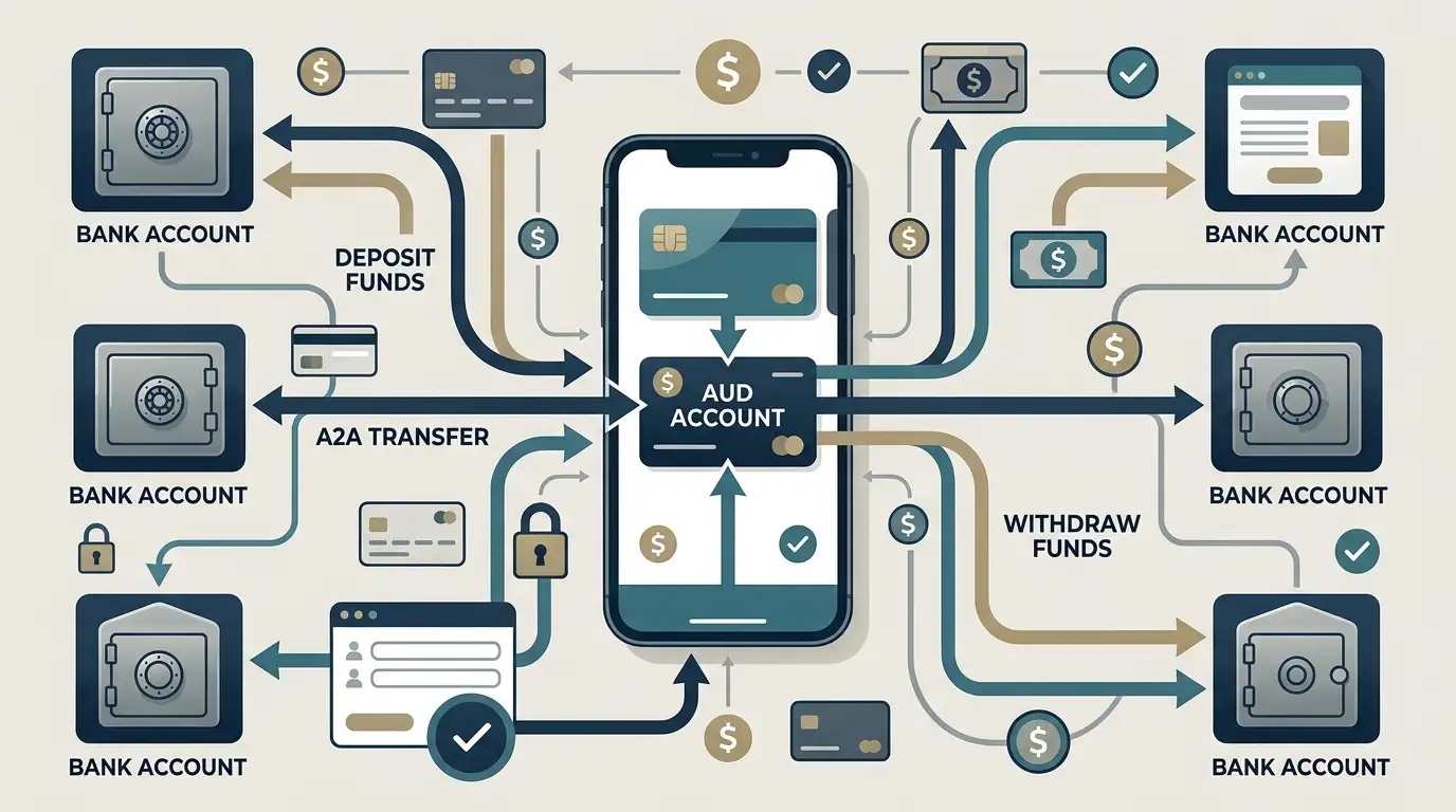 Australian dollar account-to-account payment illustration with generic bank transfer symbols and no copied banking interface
