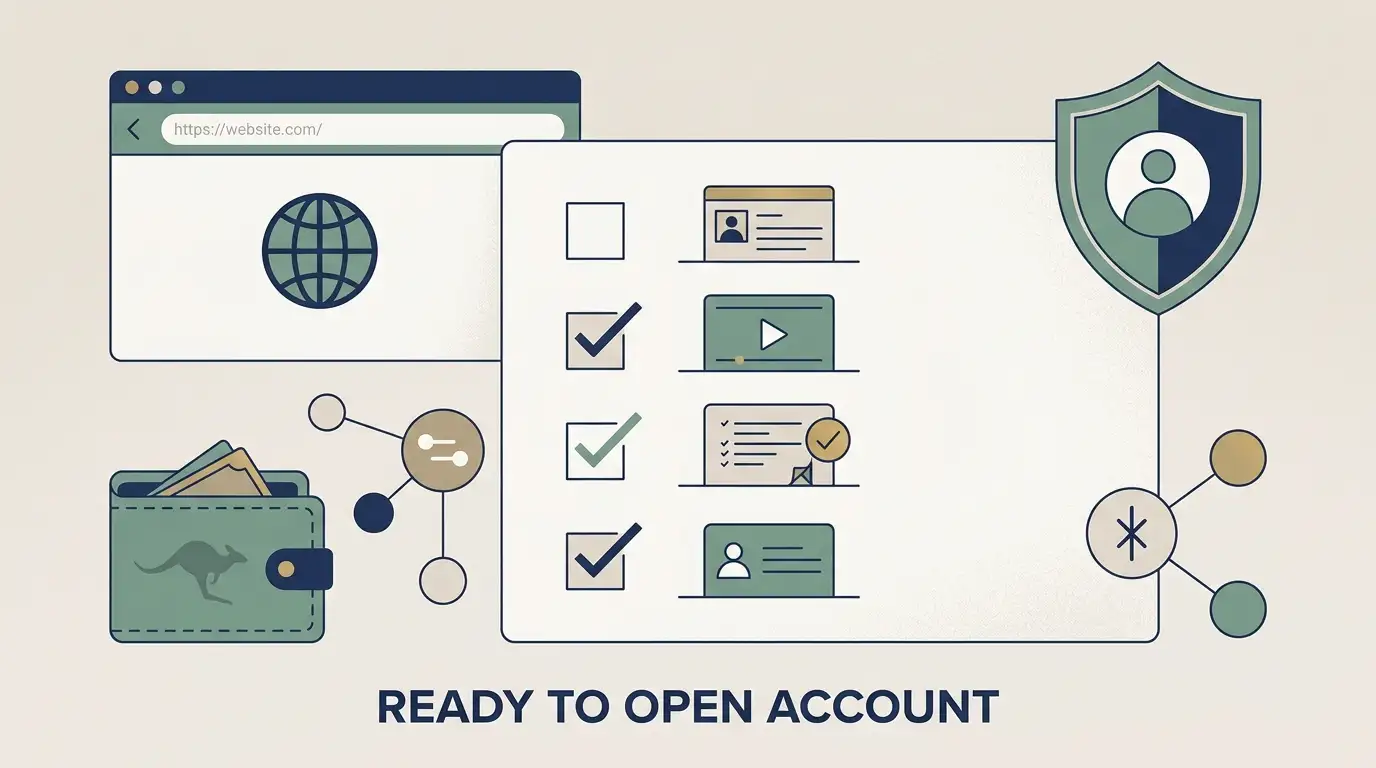 Generic account setup checklist with browser, identity verification and Australian dollar payment symbols