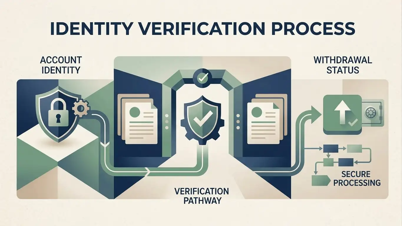 Generic identity verification concept with a protected account, document placeholders and a withdrawal path