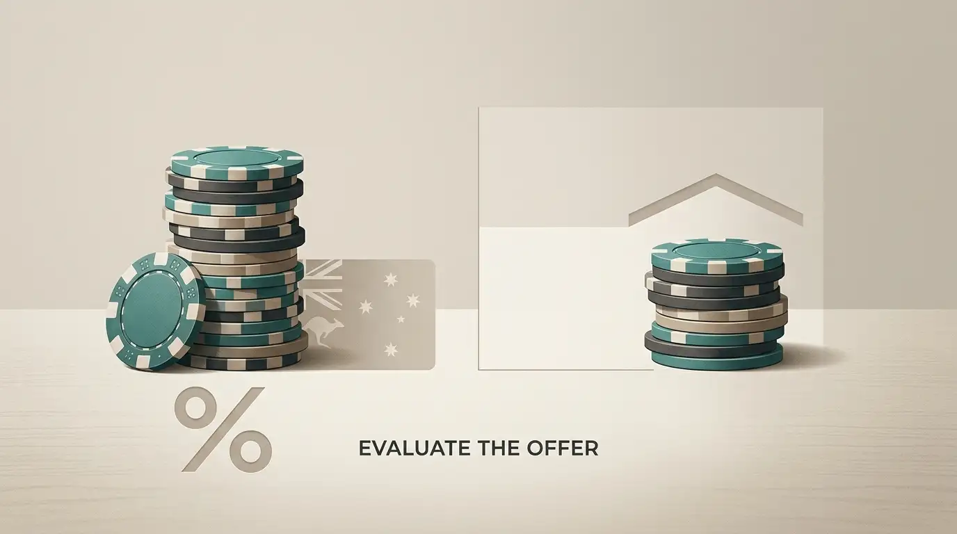 Editorial illustration of a casino deposit match concept using generic chips and Australian dollar symbols