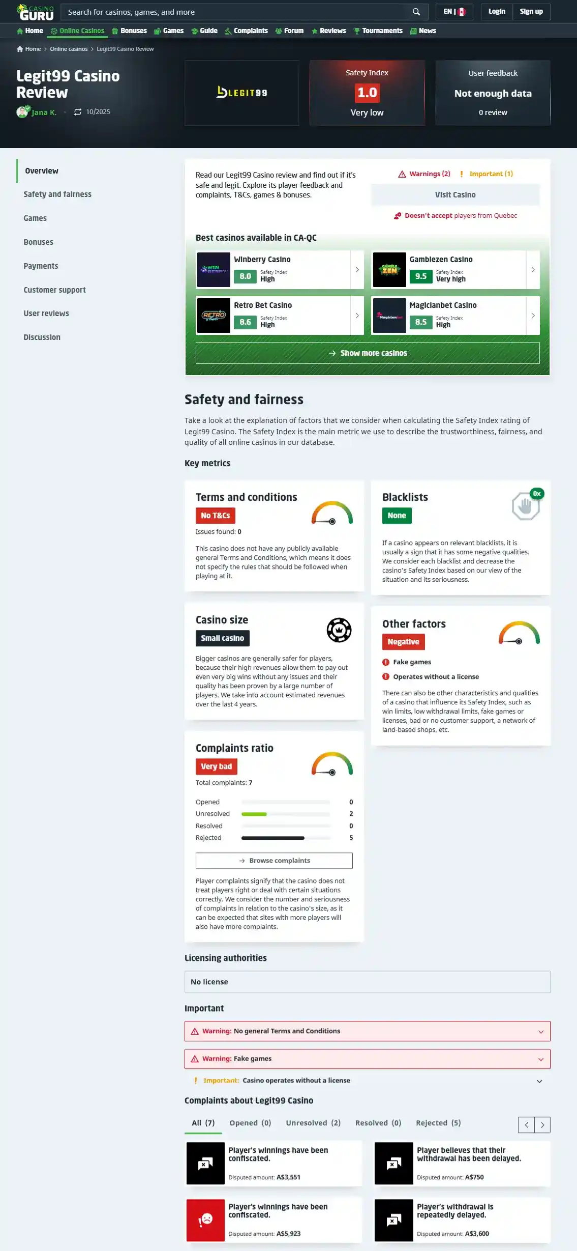 Current Legit99 complaint list showing case statuses and disputed amounts