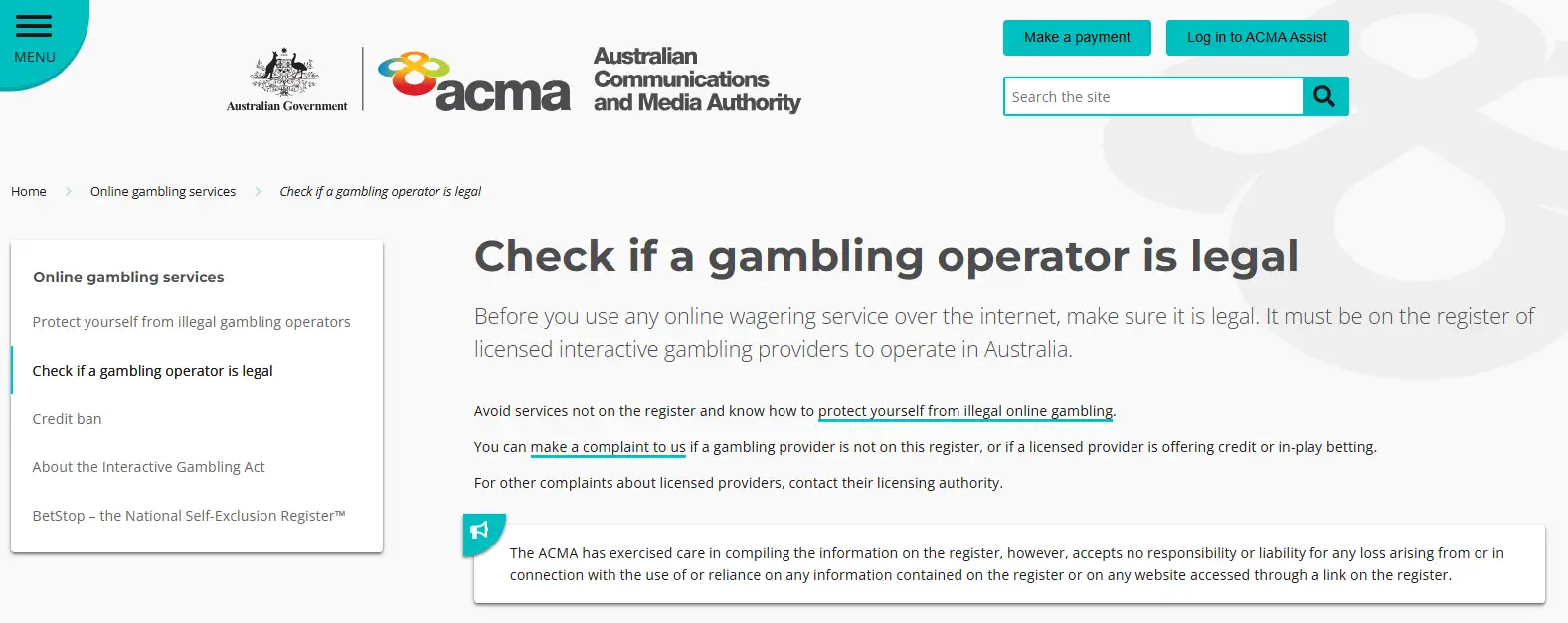 ACMA licensed interactive gambling provider register used for the Legit99 local licence check