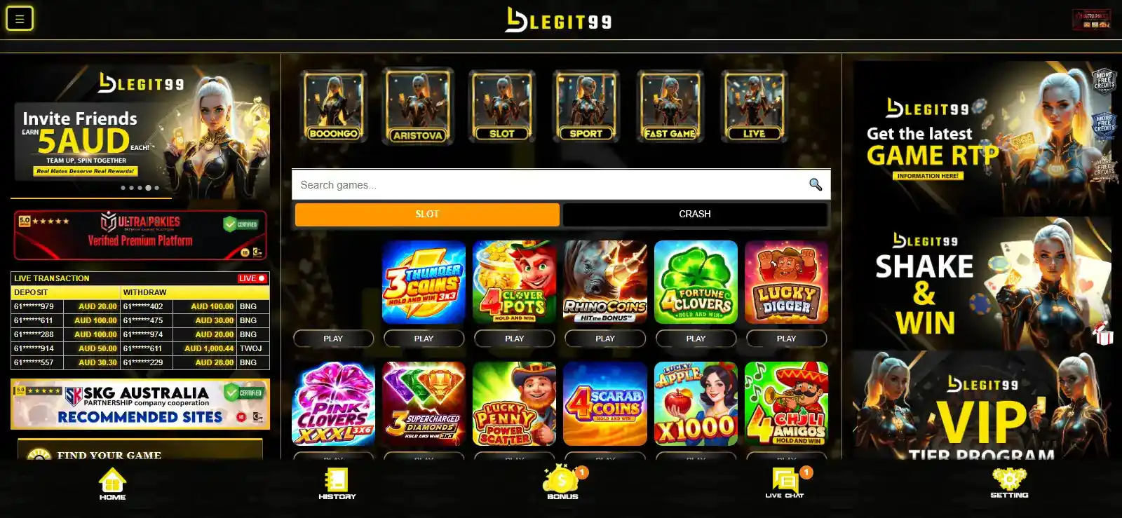 Legit99 casino homepage or lobby interface from the current live site